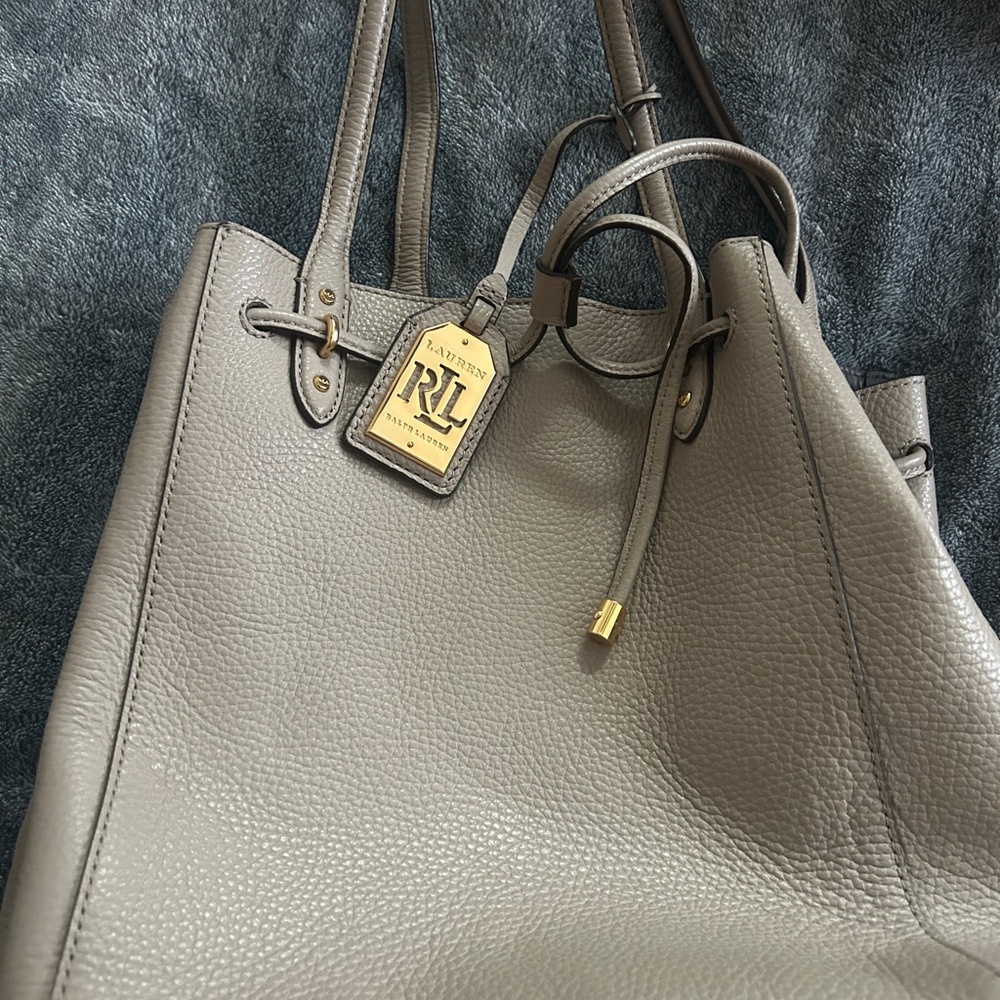 Ralph Lauren Gray Pebbled Leather Tote with Padlock Accent